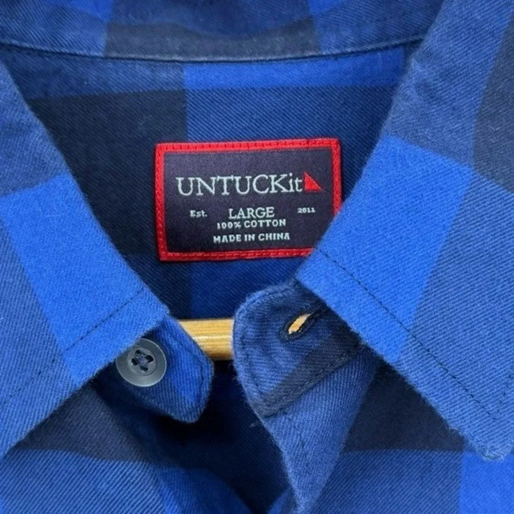 UNTUCKit Mens Large Buffalo Plaid Flannel Button Down Shirt Long Sleeve Blue - Picture 6 of 7